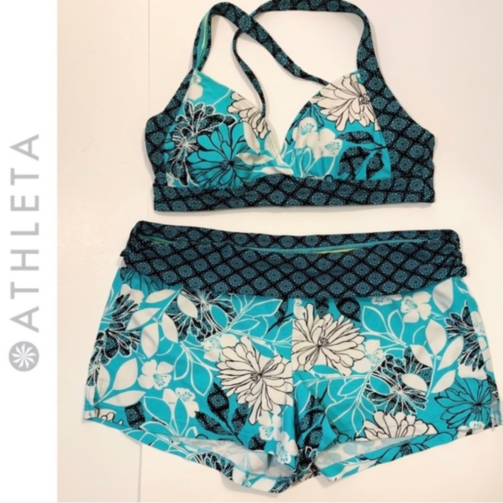 Athleta Blue Floral Printed Bikini & Swim Shorts